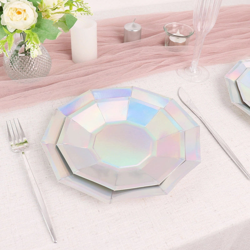 25 Decagonal Iridescent Salad Dinner Paper Plates - Disposable Tableware