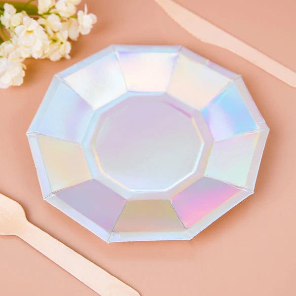 25 Decagonal Iridescent Salad Dinner Paper Plates - Disposable Tableware