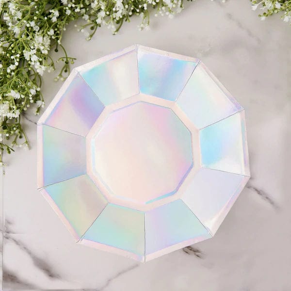 25 Decagonal Iridescent Salad Dinner Paper Plates - Disposable Tableware