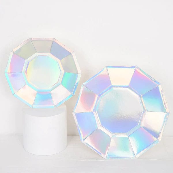 25 Decagonal Iridescent Salad Dinner Paper Plates - Disposable Tableware