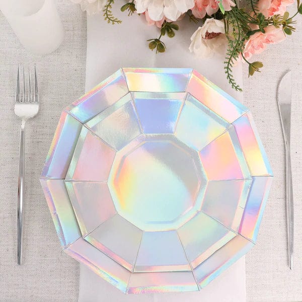 25 Decagonal Iridescent Salad Dinner Paper Plates - Disposable Tableware