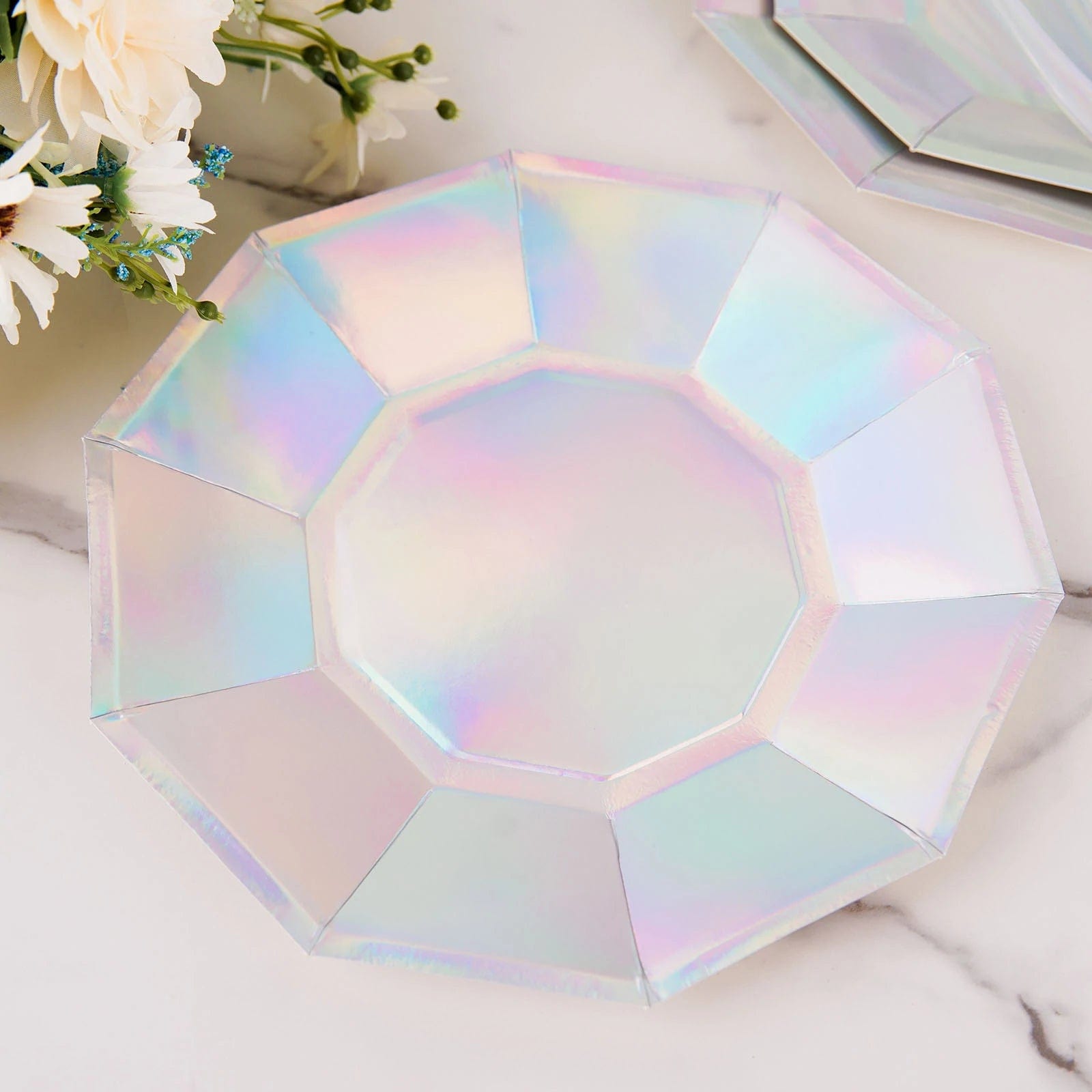 25 Decagonal Iridescent Salad Dinner Paper Plates - Disposable Tableware