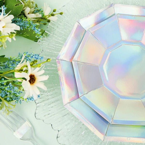 25 Decagonal Iridescent Salad Dinner Paper Plates - Disposable Tableware