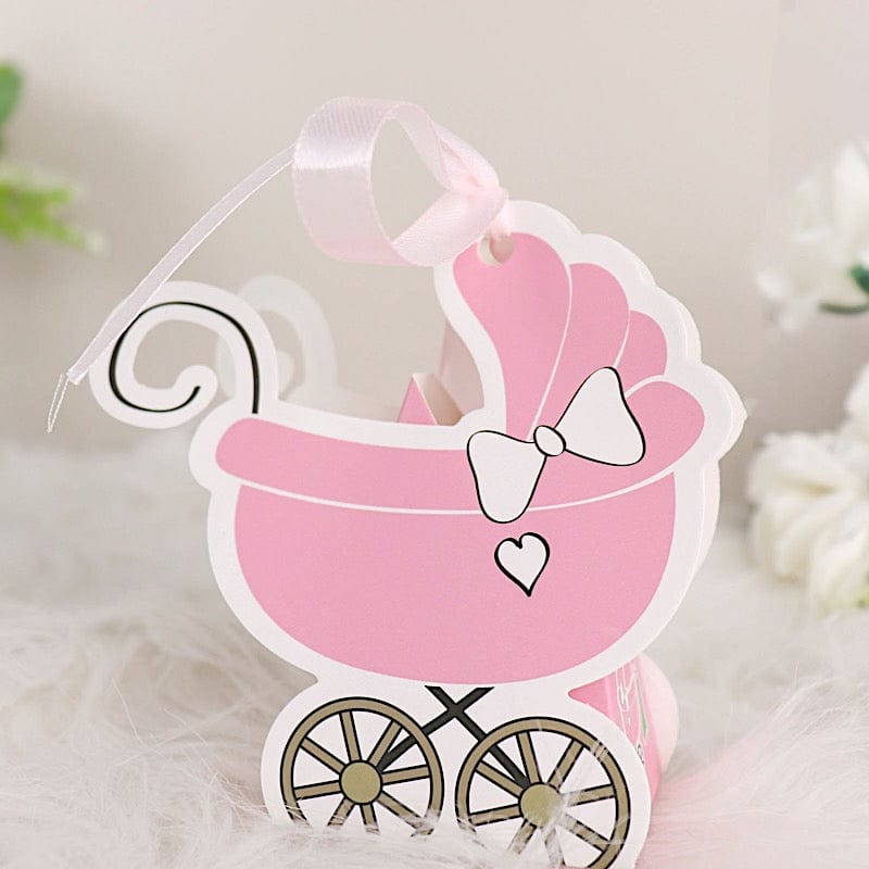 25 Favor Boxes Paper Stroller Baby Shower Gift Holders with Ribbon