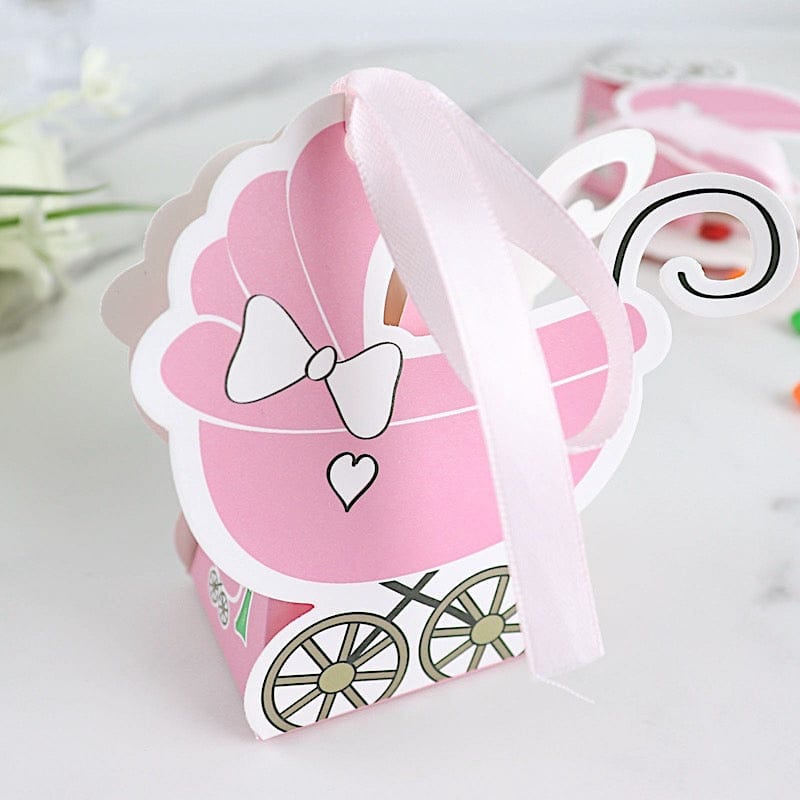 25 Favor Boxes Paper Stroller Baby Shower Gift Holders with Ribbon