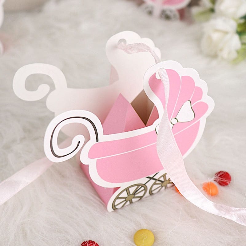 25 Favor Boxes Paper Stroller Baby Shower Gift Holders with Ribbon