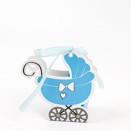 25 Favor Boxes Paper Stroller Baby Shower Gift Holders with Ribbon BOX_2X3_BABY03_BLUE