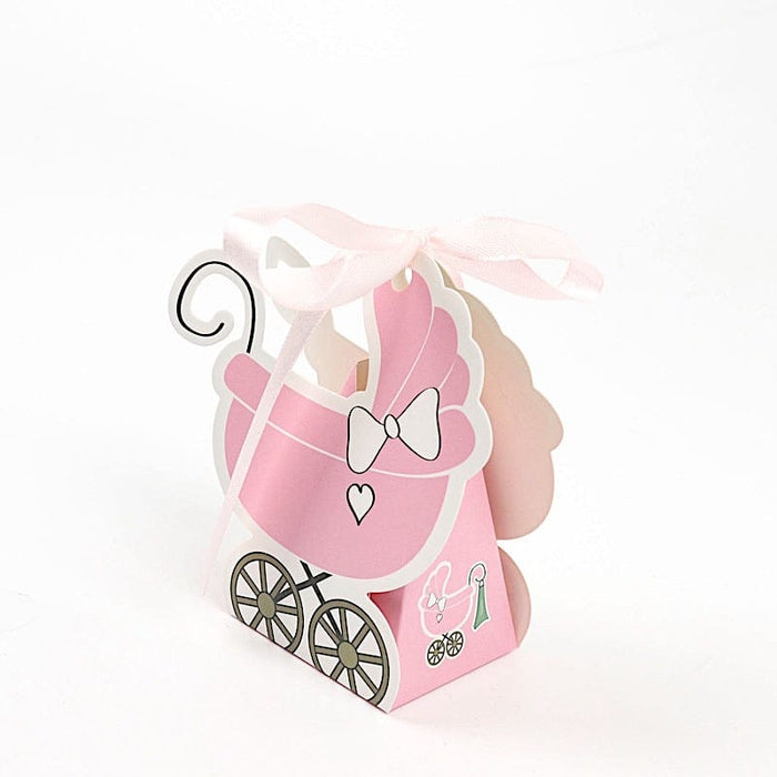 25 Favor Boxes Paper Stroller Baby Shower Gift Holders with Ribbon BOX_2X3_BABY03_PINK