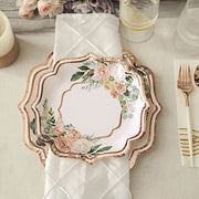 25 Floral Paper Salad Dinner Plates with Rose Gold Scallop Rim - Disposable Tableware