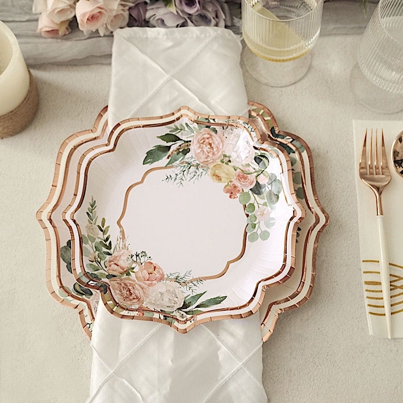 25 Floral Paper Salad Dinner Plates with Rose Gold Scallop Rim - Disposable Tableware