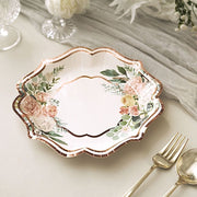 25 Floral Paper Salad Dinner Plates with Rose Gold Scallop Rim - Disposable Tableware