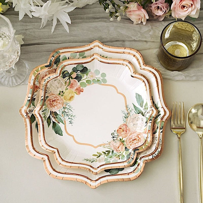 25 Floral Paper Salad Dinner Plates with Rose Gold Scallop Rim - Disposable Tableware