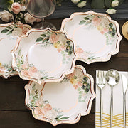 25 Floral Paper Salad Dinner Plates with Rose Gold Scallop Rim - Disposable Tableware
