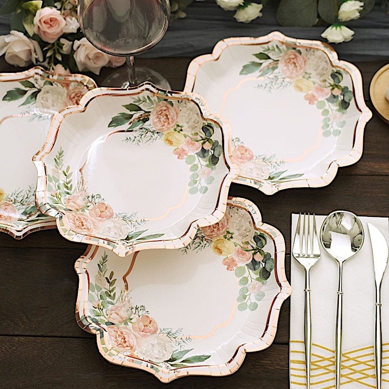 25 Floral Paper Salad Dinner Plates with Rose Gold Scallop Rim - Disposable Tableware