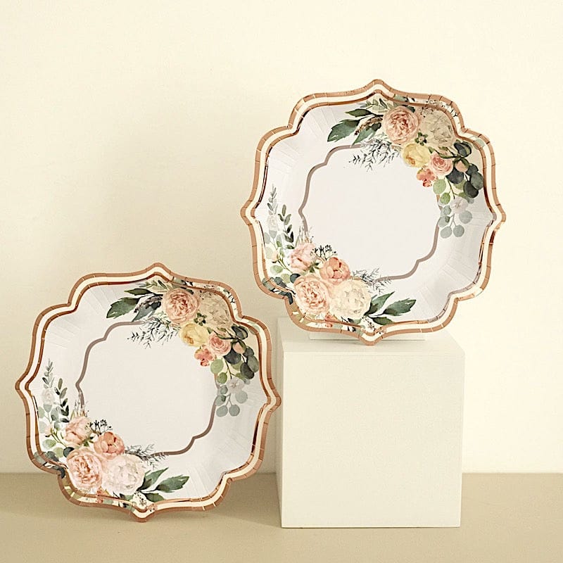 25 Floral Paper Salad Dinner Plates with Rose Gold Scallop Rim - Disposable Tableware