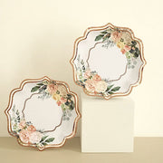 25 Floral Paper Salad Dinner Plates with Rose Gold Scallop Rim - Disposable Tableware
