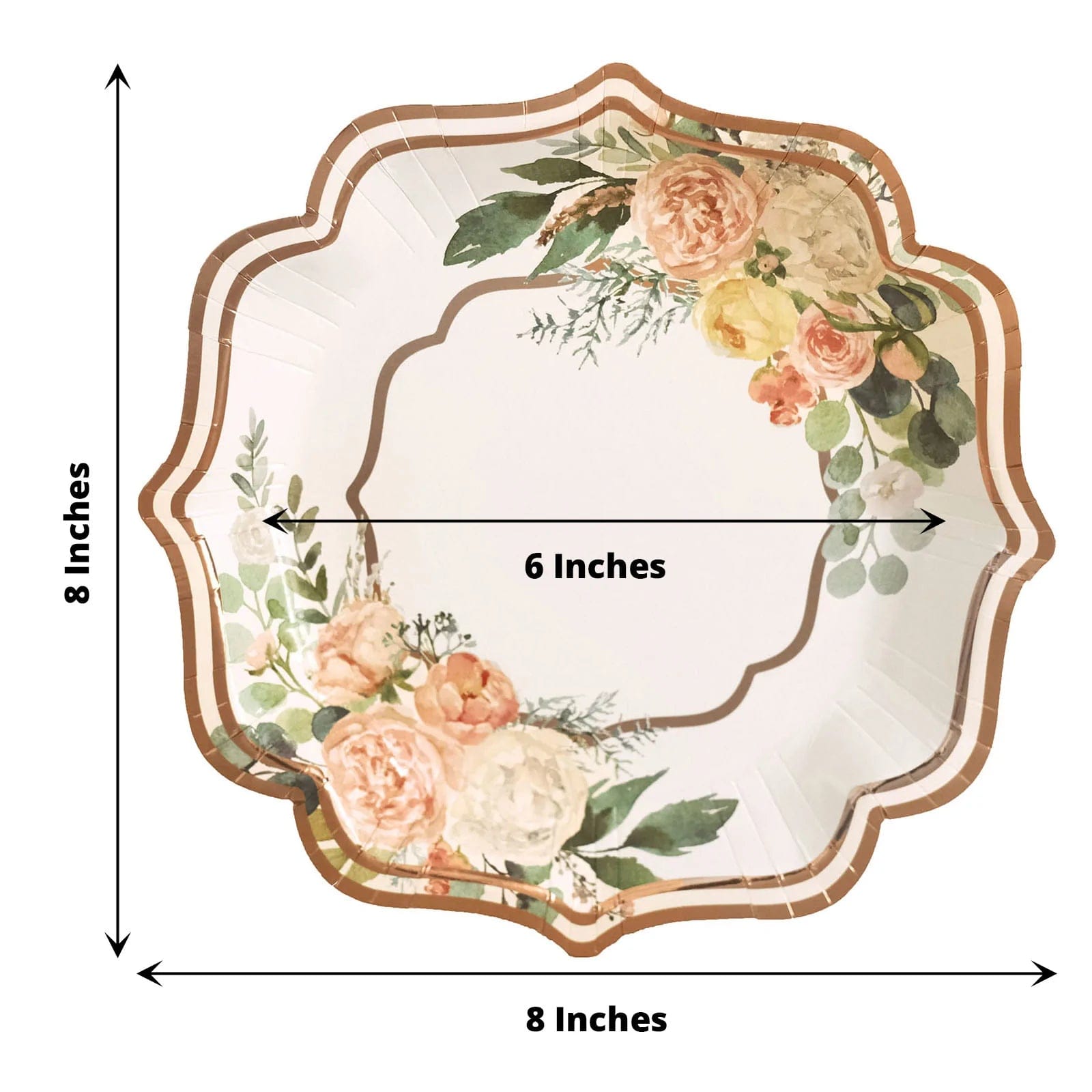 25 Floral Paper Salad Dinner Plates with Rose Gold Scallop Rim - Disposable Tableware