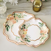 25 Floral Paper Salad Dinner Plates with Rose Gold Scallop Rim - Disposable Tableware