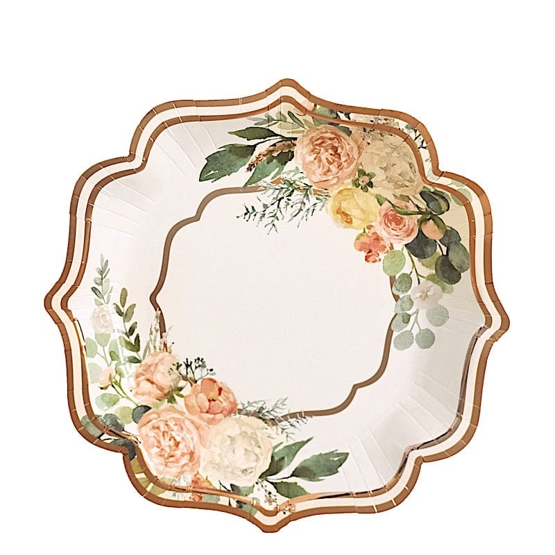 25 Floral Paper Salad Dinner Plates with Rose Gold Scallop Rim - Disposable Tableware