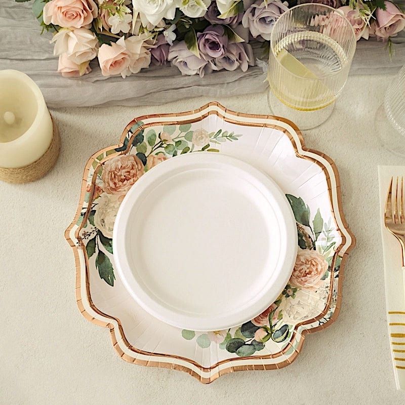 25 Floral Paper Salad Dinner Plates with Rose Gold Scallop Rim - Disposable Tableware