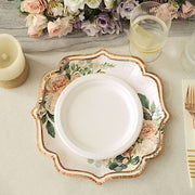25 Floral Paper Salad Dinner Plates with Rose Gold Scallop Rim - Disposable Tableware