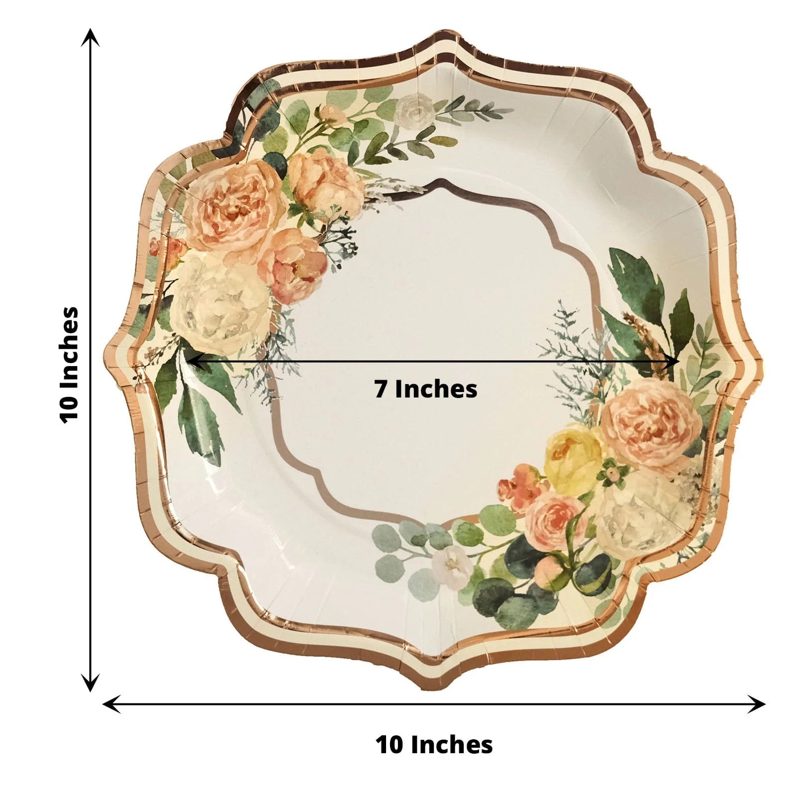 25 Floral Paper Salad Dinner Plates with Rose Gold Scallop Rim - Disposable Tableware