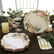 25 Floral Paper Salad Dinner Plates with Rose Gold Scallop Rim - Disposable Tableware