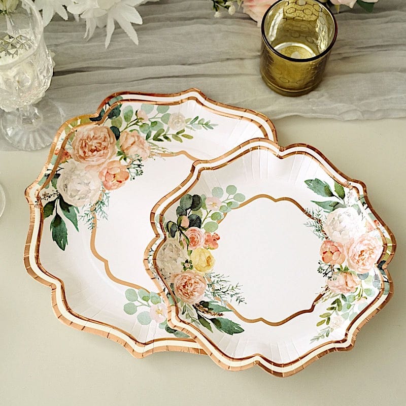 25 Floral Paper Salad Dinner Plates with Rose Gold Scallop Rim - Disposable Tableware