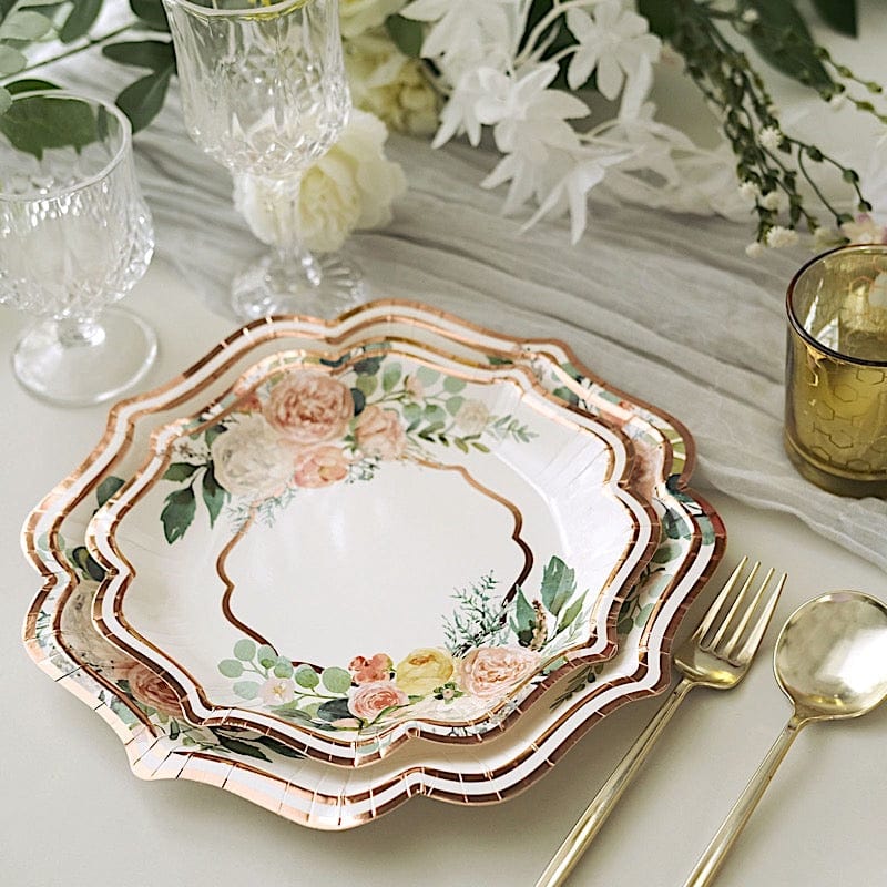 25 Floral Paper Salad Dinner Plates with Rose Gold Scallop Rim - Disposable Tableware