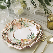 25 Floral Paper Salad Dinner Plates with Rose Gold Scallop Rim - Disposable Tableware