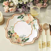 25 Floral Paper Salad Dinner Plates with Rose Gold Scallop Rim - Disposable Tableware