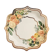 25 Floral Paper Salad Dinner Plates with Rose Gold Scallop Rim - Disposable Tableware