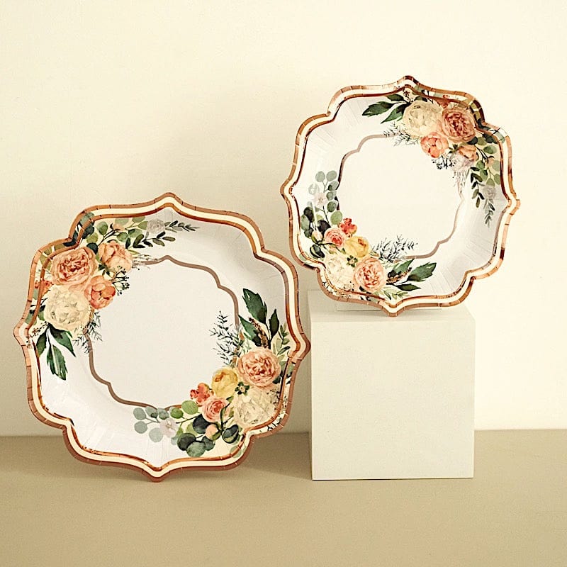 25 Floral Paper Salad Dinner Plates with Rose Gold Scallop Rim - Disposable Tableware