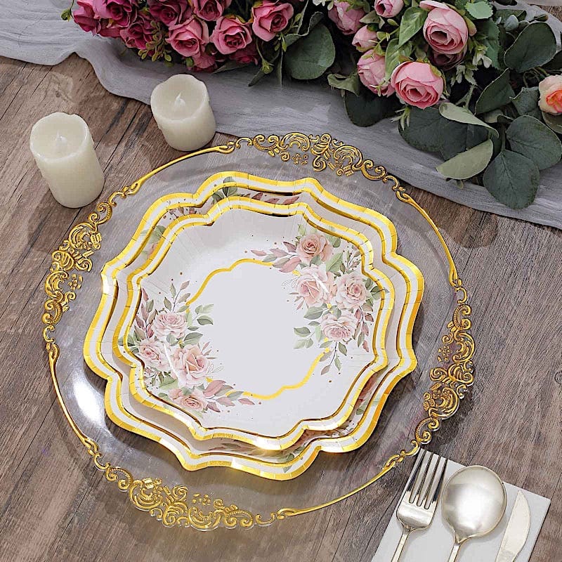 25 Floral Paper Salad Dinner Plates with Scallop Rim - Disposable Tableware