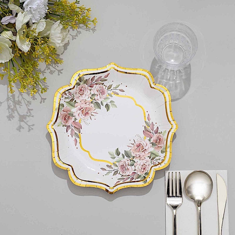 25 Floral Paper Salad Dinner Plates with Scallop Rim - Disposable Tableware