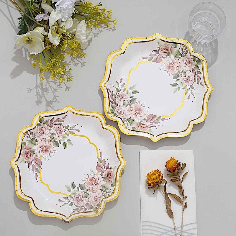 25 Floral Paper Salad Dinner Plates with Scallop Rim - Disposable Tableware