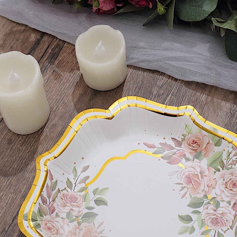 25 Floral Paper Salad Dinner Plates with Scallop Rim - Disposable Tableware