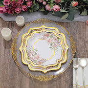 25 Floral Paper Salad Dinner Plates with Scallop Rim - Disposable Tableware