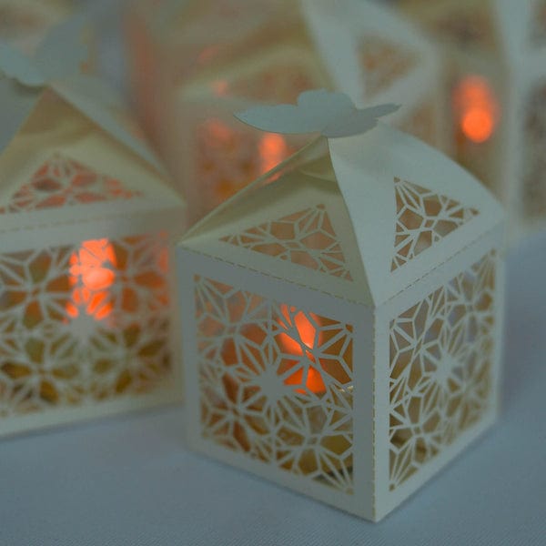 25 Lacer Cut Lace Design Party Favor Boxes with Butterfly Top