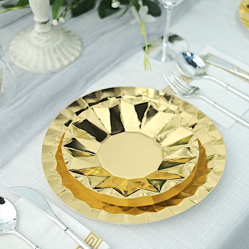 25 Metallic Round Paper Salad Dinner Plates with Geometric Design - Disposable Tableware