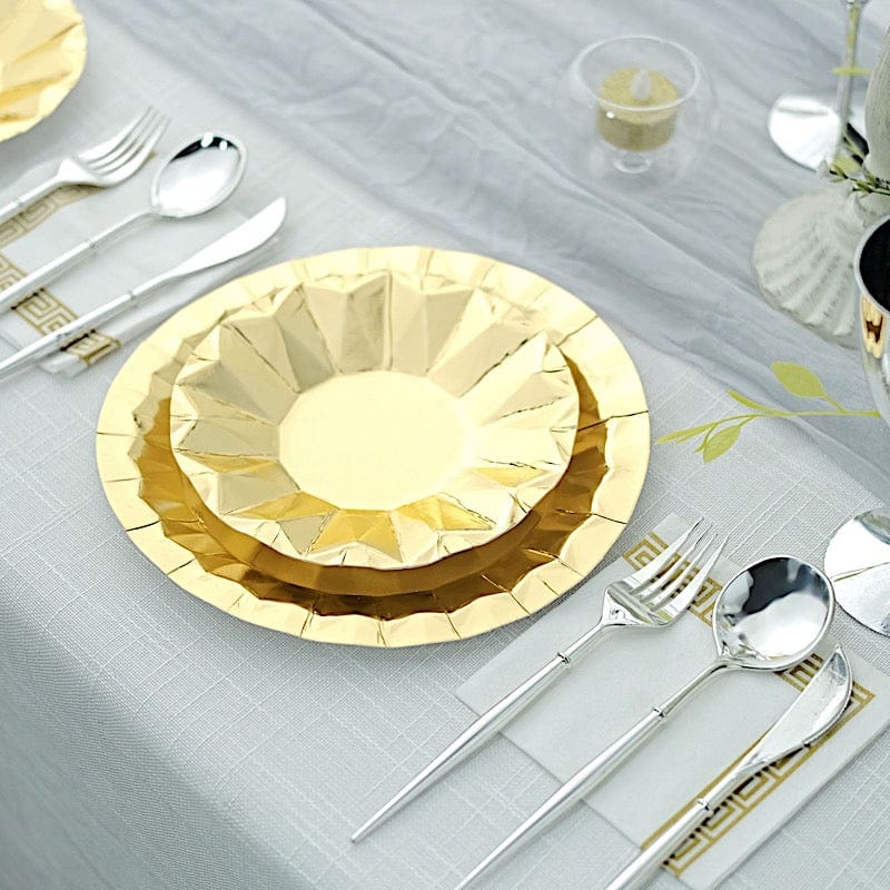 25 Metallic Round Paper Salad Dinner Plates with Geometric Design - Disposable Tableware