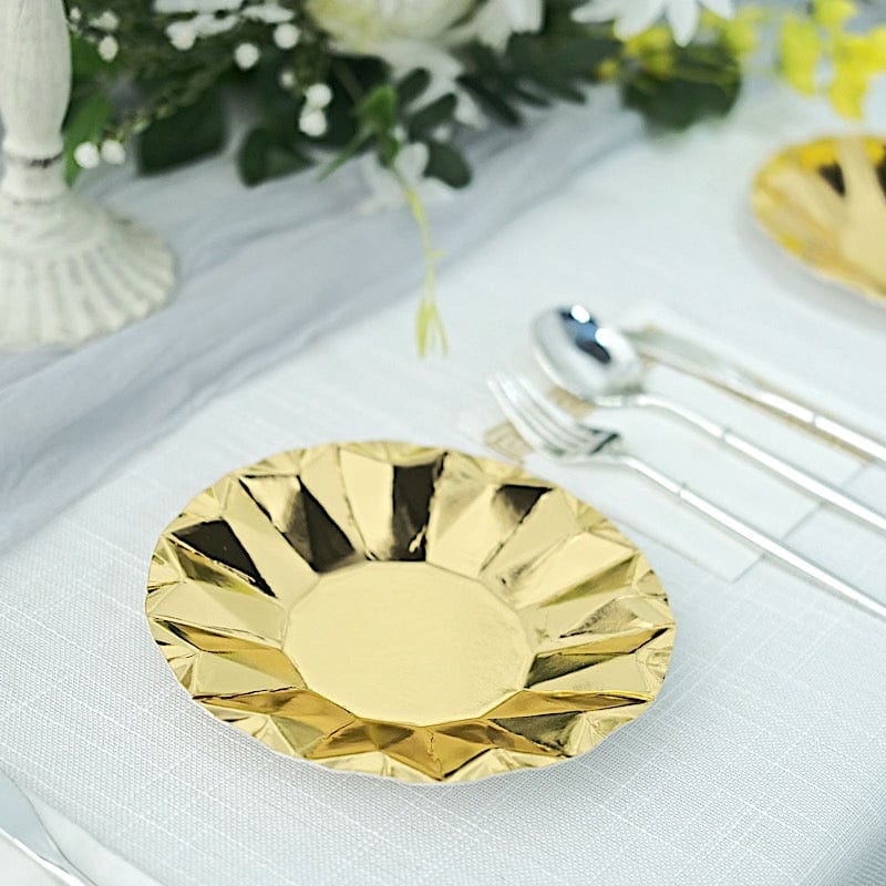 25 Metallic Round Paper Salad Dinner Plates with Geometric Design - Disposable Tableware