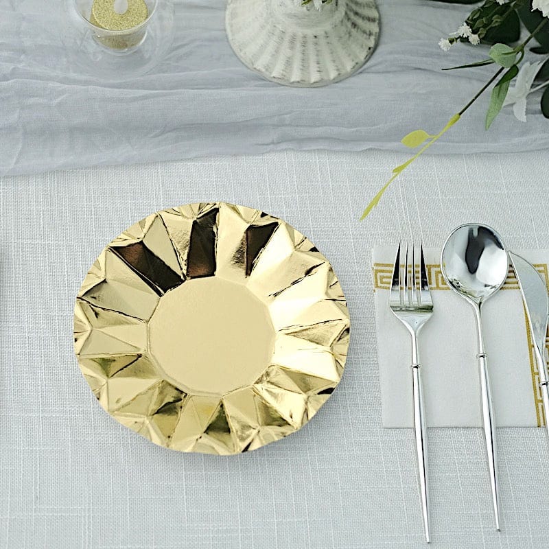 25 Metallic Round Paper Salad Dinner Plates with Geometric Design - Disposable Tableware