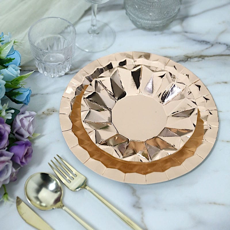 25 Metallic Round Paper Salad Dinner Plates with Geometric Design - Disposable Tableware