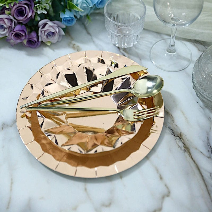 25 Metallic Round Paper Salad Dinner Plates with Geometric Design - Disposable Tableware