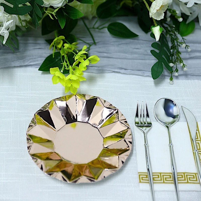 25 Metallic Round Paper Salad Dinner Plates with Geometric Design - Disposable Tableware