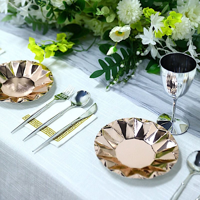 25 Metallic Round Paper Salad Dinner Plates with Geometric Design - Disposable Tableware