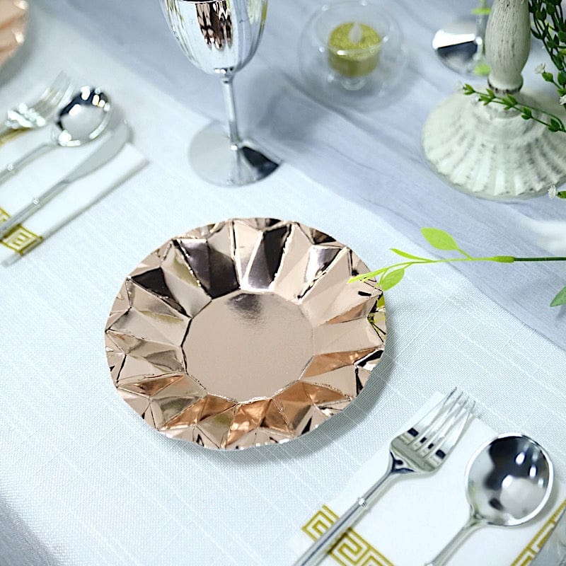 25 Metallic Round Paper Salad Dinner Plates with Geometric Design - Disposable Tableware