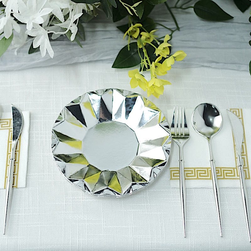 25 Metallic Round Paper Salad Dinner Plates with Geometric Design - Disposable Tableware