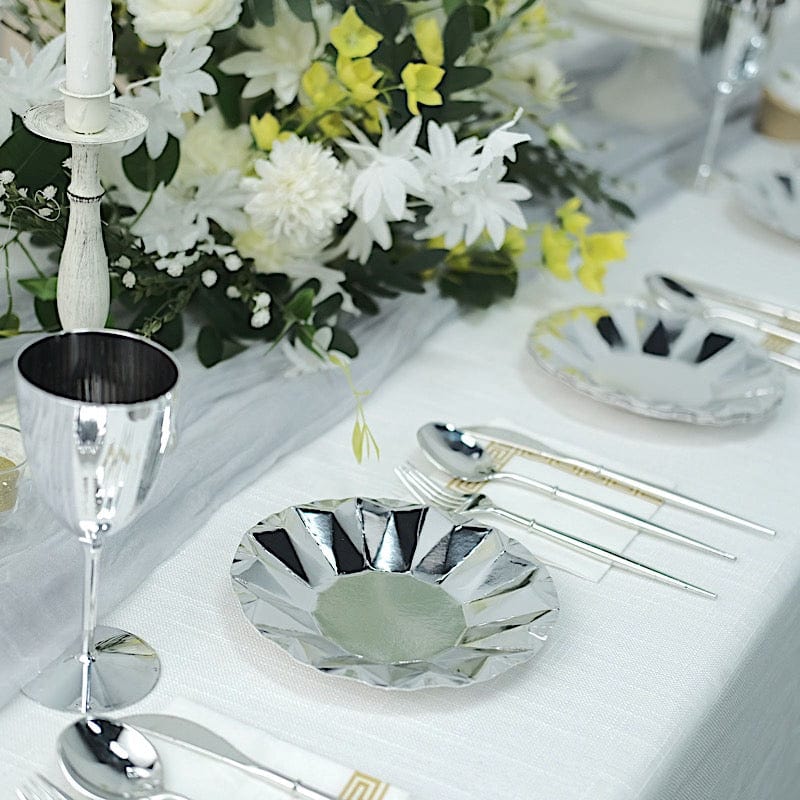 25 Metallic Round Paper Salad Dinner Plates with Geometric Design - Disposable Tableware